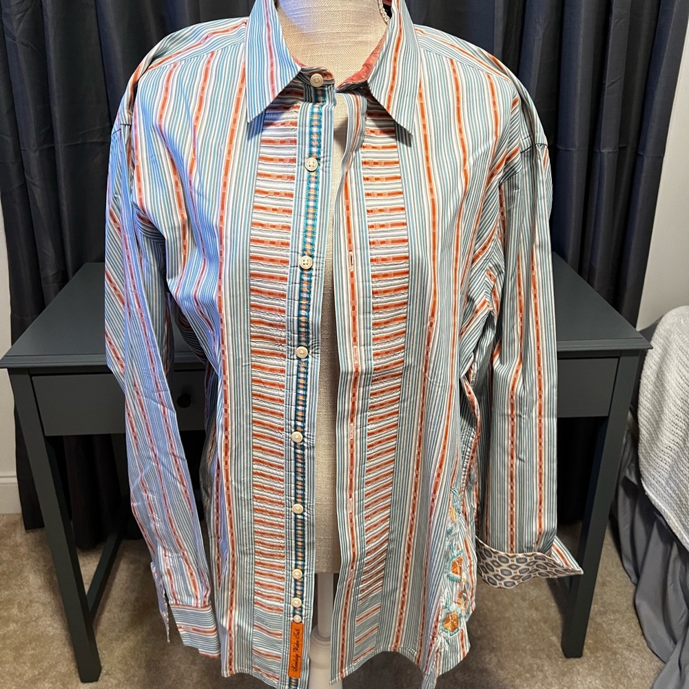 Robert Graham Blue and Orange Striped Dress Shirt